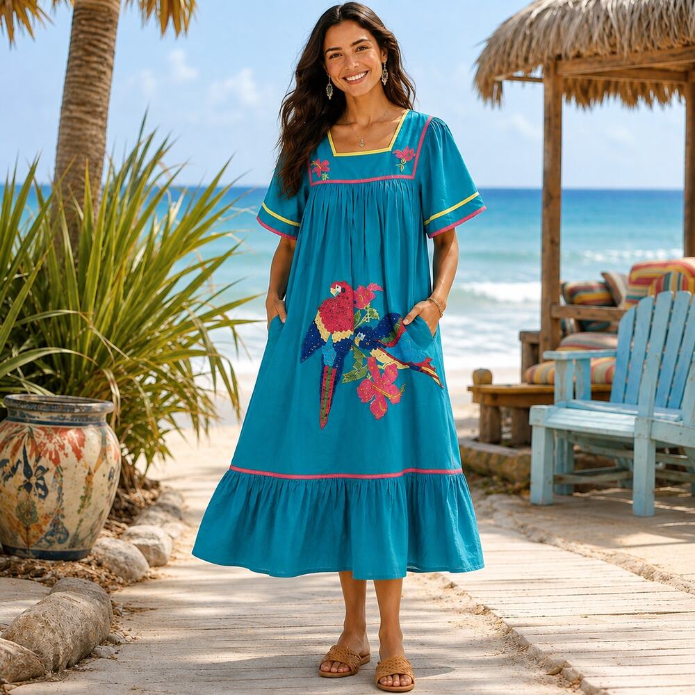 BECHAMEL Patio House Dress Women S Teal Parrot Tropical Beach Vacation MuuMuu